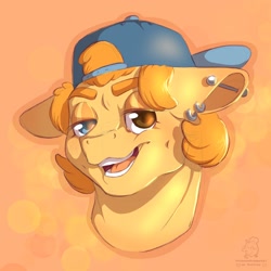 Size: 2048x2048 | Tagged: safe, artist:roseandcompany, derpibooru import, oc, oc only, oc:trucker, pony, abstract background, advertisement, backwards ballcap, backwards hat, baseball cap, bust, cap, commission, commission info, dimples, ear piercing, earring, eyelid, hat, heterochromia, jewelry, lidded eyes, looking at you, open mouth, piercing, portrait, short hair, sketch, smiling, smirk, solo