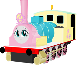 Size: 1280x1081 | Tagged: safe, artist:artthriller94, derpibooru import, fluttershy, equestria girls, deviantart watermark, inanimate tf, not salmon, obtrusive watermark, thomas the tank engine, train, trainified, transformation, wat, watermark, why