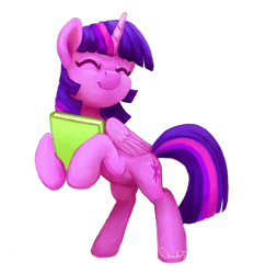 Size: 2580x2786 | Tagged: safe, artist:aemantaslim, derpibooru import, twilight sparkle, twilight sparkle (alicorn), alicorn, pony, book, bookhorse, cute, eyes closed, female, high res, holding a book, mare, rearing, simple background, smiling, solo, that pony sure does love books, transparent background, twiabetes, vector