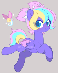 Size: 1562x1993 | Tagged: safe, artist:hawthornss, derpibooru import, oc, oc only, oc:fairyfly, pegasus, pony, blushing, cute, cutie mark, female, gray background, hair accessory, looking at you, mare, pigtails, simple background, smiling, solo