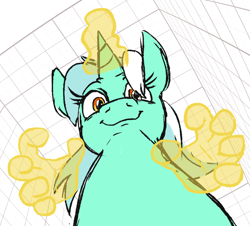 Size: 768x694 | Tagged: safe, artist:jargon scott, lyra heartstrings, pony, unicorn, female, glowing horn, looking at you, looking down, looking down at you, magic, magic hands, mare, smiling, solo, worm's eye view