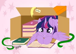 Size: 1920x1358 | Tagged: safe, artist:julunis14, derpibooru import, twilight sparkle, twilight sparkle (alicorn), alicorn, pony, book, bookhorse, box, cute, digital, female, mare, name tag, pony in a box, present, prone, reading, ribbon, signature, simple background, smiling, solo, that pony sure does love books, twiabetes, weapons-grade cute