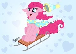 Size: 1920x1358 | Tagged: safe, artist:julunis14, derpibooru import, pinkie pie, earth pony, pony, chest fluff, clothes, cute, diapinkes, digital, female, happy, hat, mare, pinkie being pinkie, scarf, signature, simple background, sleigh, solo, winter hat, winter outfit