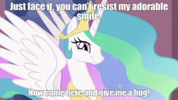 Size: 1280x723 | Tagged: safe, derpibooru import, edit, edited screencap, screencap, princess celestia, alicorn, pony, bronybait, caption, cute, cutelestia, hug request, implied hugging, looking at you, meme, smiling, text, this will end in hugs