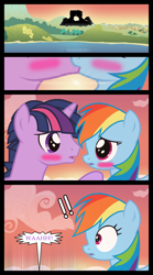 Size: 1280x2300 | Tagged: safe, artist:bigsnusnu, derpibooru import, dusk shine, rainbow dash, twilight sparkle, pegasus, pony, unicorn, comic:dusk shine in pursuit of happiness, blushing, cloud, comic, duskdash, exclamation point, falling, female, half r63 shipping, kissing, lake, lesbian, male, rule 63, shipping, stare, straight, sunset, suprised look, twidash