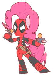 Size: 1222x1717 | Tagged: safe, artist:mr-degration, derpibooru import, pinkie pie, earth pony, pony, candy weapon, clothes, costume, deadpool, disguise, looking at you, pose, solo