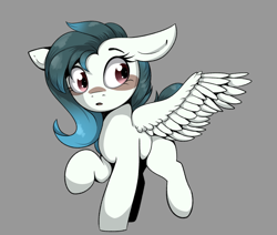 Size: 828x702 | Tagged: safe, artist:arume_lux, artist:shouldbedrawing, derpibooru import, oc, oc only, oc:ethereal pelagia, pegasus, pony, female, filly, gray background, looking sideways, looking to side, looking to the right, mare, simple background, wings
