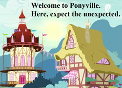 Size: 945x675 | Tagged: safe, derpibooru import, edit, edited screencap, screencap, castle sweet castle, cropped, house, no pony, ponyville, text, town hall