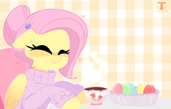 Size: 2951x1876 | Tagged: safe, artist:t-whiskers, derpibooru import, fluttershy, pegasus, pony, alternate hairstyle, blushing, chocolate, clothes, cute, eyes closed, female, floppy ears, food, hair bun, heart, hot chocolate, macaron, mare, shyabetes, smiling, solo, sweater, sweatershy