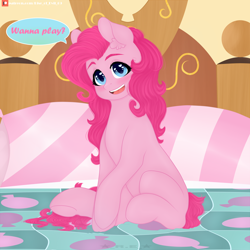 Size: 3840x3840 | Tagged: safe, artist:rise_of_evil_69, derpibooru import, pinkie pie, earth pony, pony, big eyes, blanket, blushing, dialogue, ear fluff, female, females only, heart eyes, looking at you, mare, missing cutie mark, open mouth, patreon, patreon logo, pillow, sexy, sitting, smiling, smiling at you, solo, wingding eyes