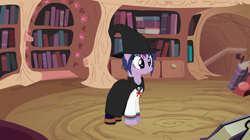 Size: 1152x647 | Tagged: safe, artist:themanwhosleptin, derpibooru import, twilight sparkle, 2016, clothes, cosplay, costume, golden oaks library, hat, library, melancholy of haruhi suzumiya, witch, witch costume, witch hat, yuki nagato