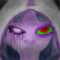 Size: 894x894 | Tagged: safe, artist:marky1212, artist:mrdragondeathclaw, derpibooru import, twilight sparkle, unicorn twilight, anthro, pony, unicorn, colored sclera, corrupted, corrupted twilight sparkle, crying, dark magic, dark twilight, dark twilight sparkle, darklight, darklight sparkle, gray background, green sclera, hood, horn, magic, possessed, possession, possesslight, possesslight sparkle, purple sclera, red iris, red pupil, scar, simple background, solo, sombra eyes, tears of pain, white pupil