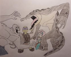 Size: 900x720 | Tagged: safe, artist:jebens1, derpibooru import, fluttershy, equestria girls, batman the animated series, covering mouth, crossover, donatello, fight, killer croc, leatherhead, teenage mutant ninja turtles, traditional art