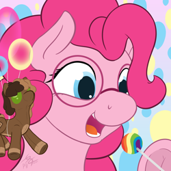 Size: 1280x1280 | Tagged: safe, artist:parallel black, derpibooru import, pinkie pie, oc, oc:parallel black, earth pony, pony, avatar, balloon, candy, digital art, food, glasses, implied rainbow dash, lollipop, plushie, plushification