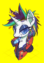 Size: 1414x2000 | Tagged: safe, artist:satv12, derpibooru import, rarity, pony, unicorn, alternate hairstyle, cyberpunk 2077, punk, raripunk, solo