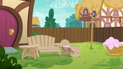 Size: 1920x1080 | Tagged: safe, derpibooru import, season 6, the fault in our cutie marks, background, bench, clothes line, no pony, ponyville, top draw animation