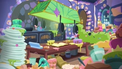 Size: 1920x1080 | Tagged: safe, derpibooru import, every little thing she does, season 6, background, book, cake, food, frying pan, kitchen, no pony, top draw animation, twilight's castle