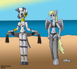 Size: 2400x2153 | Tagged: safe, artist:baroquewolfe, derpibooru import, derpy hooves, zecora, anthro, unguligrade anthro, beach, belly button, bikini, breasts, cleavage, clothes, derpy loaves, ear piercing, earring, jewelry, neck rings, ocean, pants, piercing, sarong, sun, swimsuit, tail, tanktop, undressing, wings, ze-bra buster