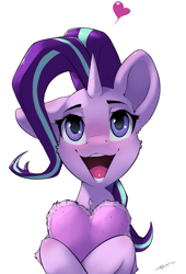 Size: 1911x2803 | Tagged: safe, artist:skitsroom, derpibooru import, starlight glimmer, pony, unicorn, blushing, female, floating heart, happy, heart, looking at you, mare, open mouth, open smile, simple background, smiling, smiling at you, solo, white background