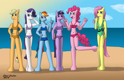 Size: 3054x1964 | Tagged: safe, artist:baroquewolfe, derpibooru import, applejack, fluttershy, pinkie pie, rainbow dash, rarity, twilight sparkle, anthro, unguligrade anthro, applerack, beach, bedroom eyes, belly button, bikini, book, breasts, busty mane six, cleavage, clenched fist, clothes, cloud, female, females only, hand on head, hand on hip, headlight sparkle, hootershy, horn, looking at you, mane six, ocean, one-piece swimsuit, pinkie pies, poses, rainboob dash, raritits, sky, smiling at you, sun, swimsuit, tail, wings