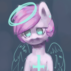 Size: 660x660 | Tagged: safe, artist:mewball, derpibooru import, oc, oc only, oc:candy prancer, angelic wings, depression, halo, sad, solo, upside down cross, wings