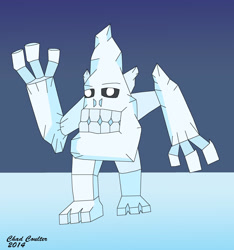 Size: 2329x2487 | Tagged: safe, artist:baroquewolfe, derpibooru import, oc, oc:gnorg, original species, blue background, dark blue background, ears, feet, ice, ice creature, ice monster, ice org, light blue, monster, org, simple background, solo, teeth, two legged creature, white