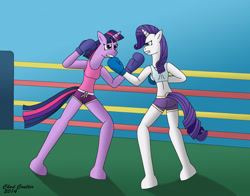 Size: 2631x2067 | Tagged: safe, artist:baroquewolfe, derpibooru import, rarity, twilight sparkle, anthro, unguligrade anthro, blue background, boxing, boxing gloves, boxing ring, boxing shorts, clothes, fight, horn, midriff, request, requested art, simple background, sports, sports bra, tail, tanktop