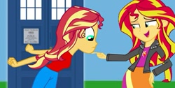 Size: 731x369 | Tagged: safe, artist:thatradhedgehog, derpibooru import, sunset shimmer, equestria girls, doctor who, evil sunset shimmer, self paradox, tardis, time travel