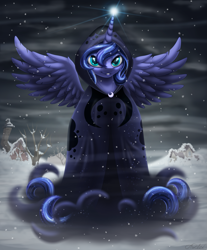 Size: 2111x2551 | Tagged: safe, artist:awalex, derpibooru import, princess luna, alicorn, pony, female, mare, night, snow, snowfall, solo, spirit of hearth's warming yet to come, tree, winter