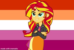 Size: 2048x1364 | Tagged: safe, artist:tangojojo, derpibooru import, sunset shimmer, equestria girls, equestria girls (movie), clothes, crossed arms, female, lesbian flag, pride flag, raised eyebrow, smiling, solo, two toned hair