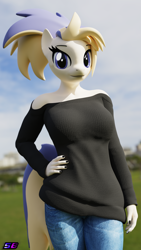 Size: 2160x3840 | Tagged: safe, artist:shadowboltsfm, derpibooru import, oc, oc:kali, anthro, plantigrade anthro, 3d, 4k, black nail polish, blender, breasts, clothes, female, hand on hip, jeans, looking at you, nail polish, not sfm, pants, smiling, sweater