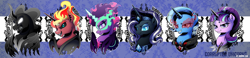 Size: 1200x280 | Tagged: safe, artist:dormin-dim, derpibooru import, idw, midnight sparkle, nightmare rarity, pony of shadows, rarity, starlight glimmer, sunset satan, sunset shimmer, trixie, twilight sparkle, alicorn, unicorn, equestria girls, alicorn amulet, bust, corrupted, corrupted twilight sparkle, great and powerful, portrait, profile, smiling