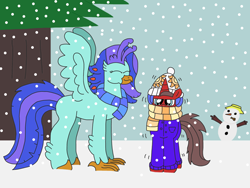 Size: 3264x2448 | Tagged: safe, artist:supahdonarudo, derpibooru import, oc, oc only, oc:ironyoshi, oc:sea lilly, classical hippogriff, hippogriff, unicorn, clothes, coat, scarf, shivering, snow, snowfall, snowman, tree, winter, winter hat