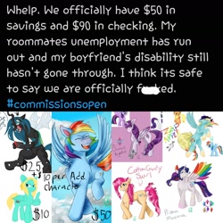 Size: 1564x1564 | Tagged: source needed, safe, artist:cynfularts, derpibooru import, applejack, queen chrysalis, rainbow dash, rarity, twilight sparkle, alicorn, changeling, changeling queen, earth pony, pegasus, pony, unicorn, commission, commissions open, emergency commission, money, text