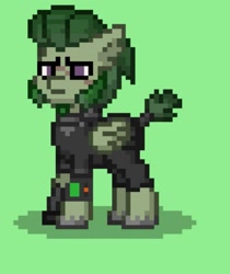 Size: 1073x1280 | Tagged: safe, derpibooru import, oc, oc:nettea, pegasus, pony, ashes town, clothes, green background, pegasus oc, pipbuck, scar, short tail, simple background, sniper, solo, uniform, wasteland, wings