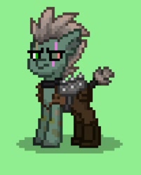 Size: 1029x1280 | Tagged: safe, derpibooru import, oc, oc:kidding koy, earth pony, pony, ashes town, earth pony oc, green background, raider, raider armor, scar, short tail, simple background, solo, wasteland