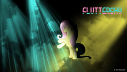 Size: 1920x1080 | Tagged: safe, artist:hornflakes, artist:nsaiuvqart, derpibooru import, edit, fluttershy, pegasus, pony, abstract background, eyes closed, female, happy, lighting, mare, open mouth, solo, text, vector, wallpaper, wallpaper edit