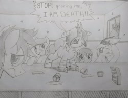 Size: 2545x1965 | Tagged: safe, artist:allyster-black, derpibooru import, oc, oc only, oc:blackjack, oc:lacunae, oc:morning glory (project horizons), oc:p-21, oc:rampage, oc:scotch tape, pony, unicorn, fallout equestria, fallout equestria: project horizons, armor, colt, fanfic art, female, filly, male, screaming, star house, yelling