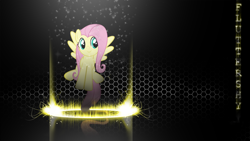 Size: 1920x1080 | Tagged: safe, artist:forgotten5p1rit, artist:weoweno, derpibooru import, edit, fluttershy, pegasus, pony, abstract background, female, flying, mare, smiling, solo, text, vector, wallpaper, wallpaper edit