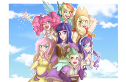 Size: 900x582 | Tagged: safe, artist:o0reika0o, derpibooru import, applejack, fluttershy, pinkie pie, rainbow dash, rarity, spike, twilight sparkle, human, anime, book, clothes, cloud, confetti, cute, dress, evening gloves, female, gloves, headband, headphones, humanized, long gloves, male, mane seven, mane six, nail polish, one eye closed, open mouth, pigtails, sky, smiling, wink