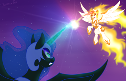Size: 900x582 | Tagged: safe, artist:o0reika0o, derpibooru import, daybreaker, nightmare moon, alicorn, pony, duo, female, fight, flying, glowing horn, horn, magic, mare, spread wings, wings