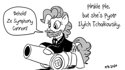 Size: 1200x675 | Tagged: safe, artist:pony-berserker, derpibooru import, pinkie pie, earth pony, pony, 1812 overture, beard, clothes, facial hair, grayscale, monochrome, necktie, party cannon, pyotr ilyich tchaikovsky, romantic era, solo, stippling, suit, this will end in deafness, this will end in death, this will end in destruction, this will end in tears, this will end in tears and/or death