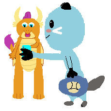 Size: 229x229 | Tagged: safe, artist:thegamerpainter, derpibooru import, smolder, dragon, otter, 1000 hours in ms paint, cellphone, crossover, dewott, duo, open mouth, phone, pokémon