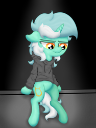 Size: 3024x4032 | Tagged: safe, artist:background basset, derpibooru import, lyra heartstrings, unicorn, clothes, depressed, dig the swell hoodie, female, high res, hoodie, mare, sad, sitting, solo