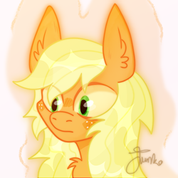 Size: 600x600 | Tagged: safe, artist:junko, derpibooru import, applejack, earth pony, pony, alternate hairstyle, big eyes, chest fluff, cute, ear fluff, female, freckles, jackabetes, looking offscreen, mare, missing accessory, signature, solo