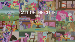 Size: 1974x1111 | Tagged: safe, derpibooru import, edit, edited screencap, editor:quoterific, screencap, apple bloom, applejack, aura (character), bon bon, cheerilee, cotton cloudy, doctor whooves, noi, pinkie pie, piña colada, rainbow dash, scootaloo, sweetie belle, sweetie drops, tornado bolt, twilight sparkle, twist, earth pony, pegasus, pony, call of the cutie, 80s, 80s cheerilee, apple, apple tree, cutie mark crusaders, i didn't put those in my bag, tree