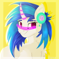 Size: 3500x3500 | Tagged: safe, artist:nyota71, derpibooru import, dj pon-3, vinyl scratch, pony, unicorn, bust, cheek fluff, chest fluff, colored pupils, cyberpunk, cyberpunk 2077, ear fluff, fluffy, futuristic, glasses, glowing eyes, glowing horn, headphones, horn, music notes, redesign, simple background, smiling, solo, vinyl scratch's glasses