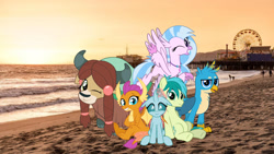 Size: 1461x822 | Tagged: safe, artist:jhayarr23, derpibooru import, gallus, ocellus, sandbar, silverstream, smolder, yona, changedling, changeling, dragon, griffon, pony, yak, fanfic:travel around the world with ponies, california, dragoness, female, irl, looking at you, los angeles, male, photo, ponies in real life, student six, vector