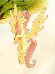 Size: 768x1024 | Tagged: safe, artist:thesilverlightshines, derpibooru import, fluttershy, pegasus, pony, female, flying, head turn, looking away, looking up, mare, smiling, solo, spread wings, three quarter view, tree, wings