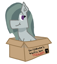 Size: 4240x4730 | Tagged: safe, artist:switcharoo, derpibooru import, marble pie, earth pony, pony, arrow, box, cardboard box, don't touch my waifu, female, happy, mare, open box, pony in a box, simple background, sitting, smiling, text, waifu, white background